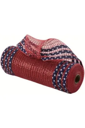 10" Ruffle Patterned Mesh Ribbon: Red, Royal Blue & White Stars (10 Yards)