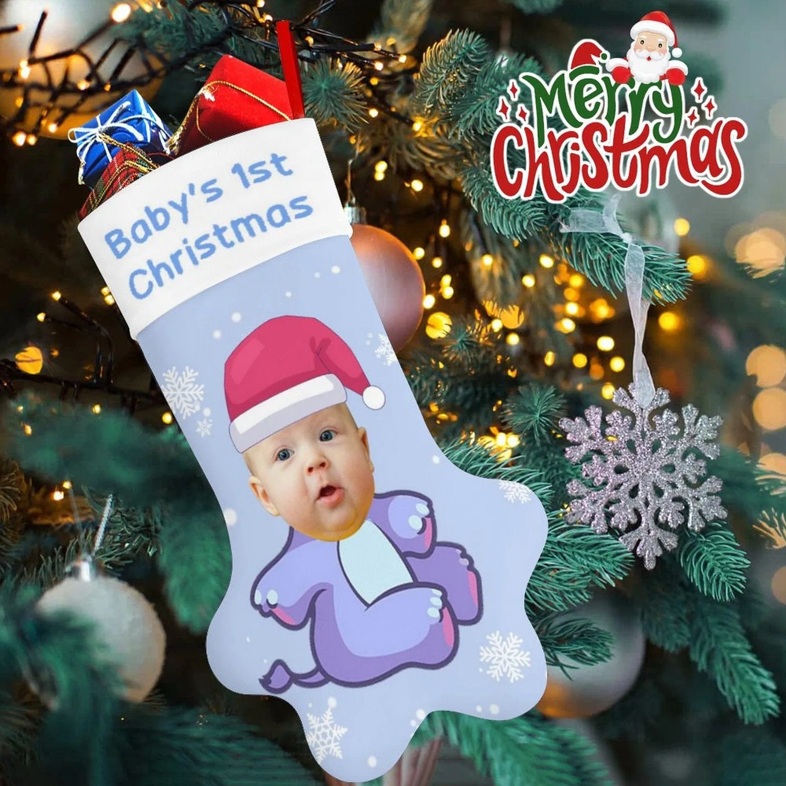 16.6in(L) Plus Size-Custom Baby's Face&Text Socks Paw Christmas Stocking Holiday Decor Gifts