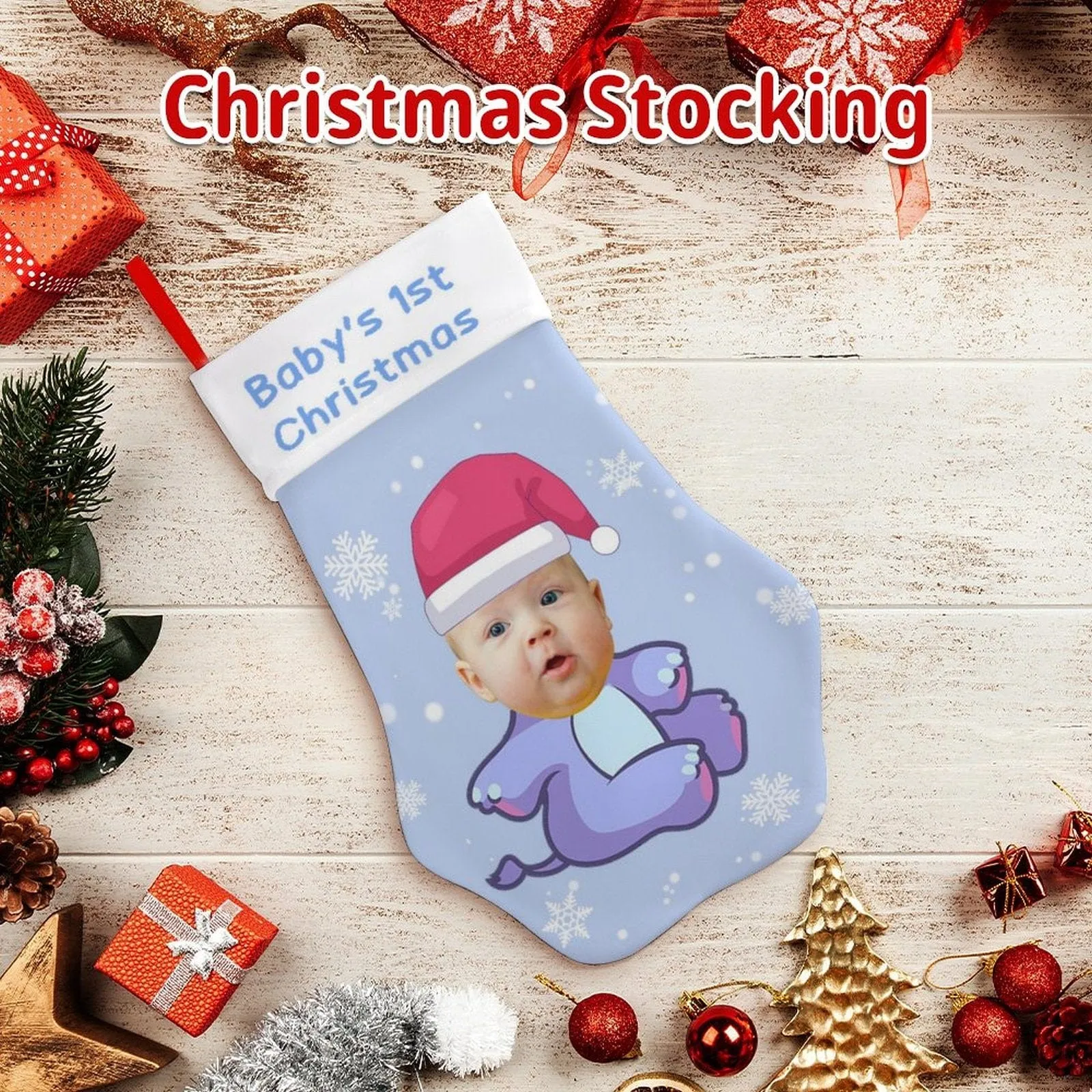 16.6in(L) Plus Size-Custom Baby's Face&Text Socks Paw Christmas Stocking Holiday Decor Gifts