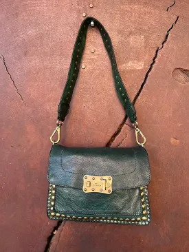 Agnese Rivet Shoulder Bag in Bottle Green Leather