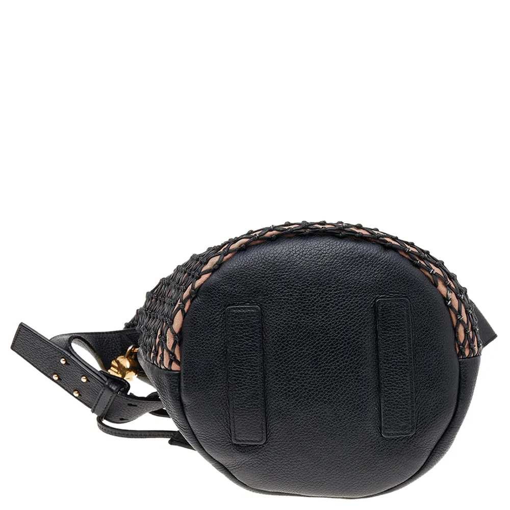 Alexander McQueen Black/Peach Woven Detail Leather Skull Bucket Bag