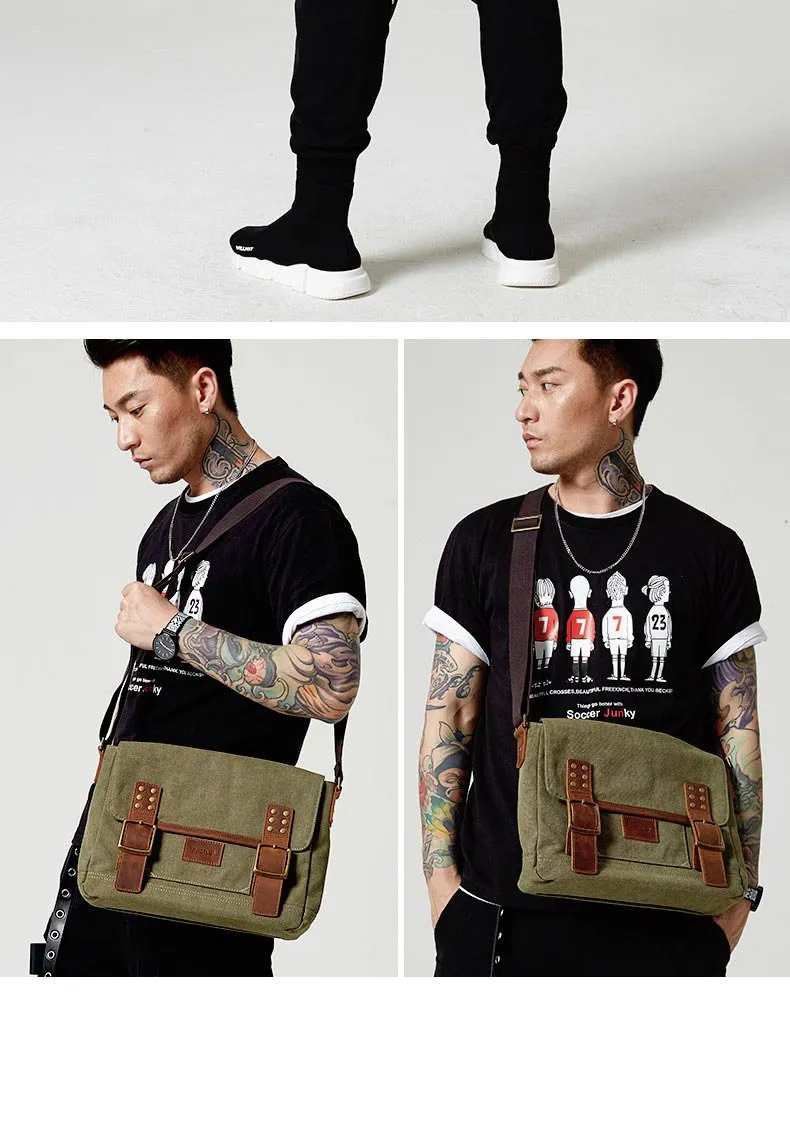 Black Canvas Leather Mens Side Bag Messenger Bags Army Green Canvas Courier Bag for Men