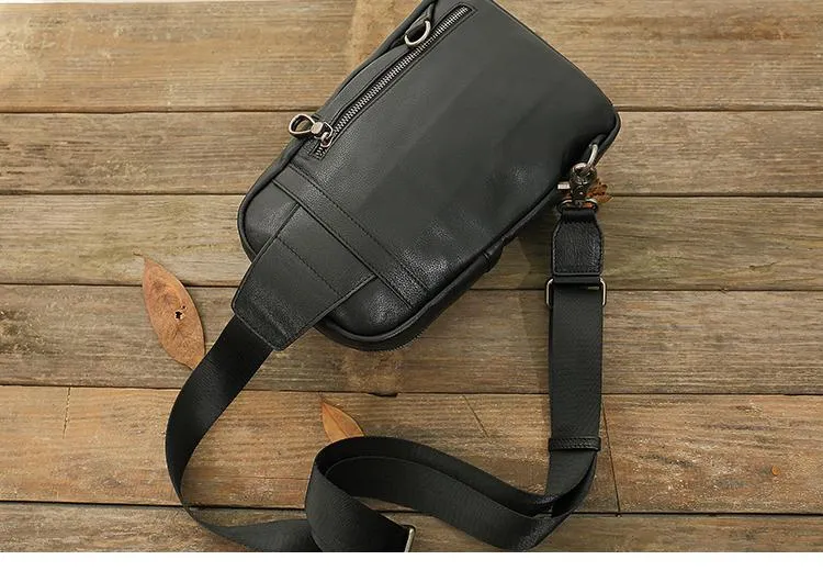 Black Casual Leather Mens 8 inches Sling Bag Chest Bag Black One Shoulder Backpack Phone Bag for Men