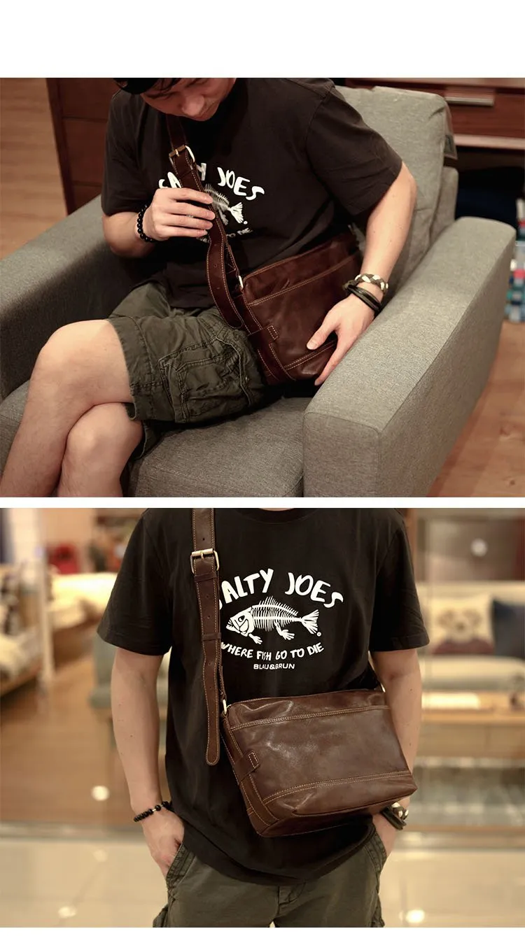 Black Leather Mens Casual 10" Courier Bags Messenger Bag Coffee Brown Postman Bag For Men