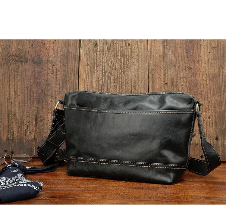 Black Leather Mens Casual 10" Courier Bags Messenger Bag Coffee Brown Postman Bag For Men