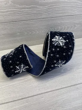 Blue velvet wired ribbon with silver snowflakes 4”