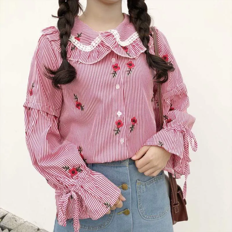 Kawaii Flower Embroidered Striped Shirt