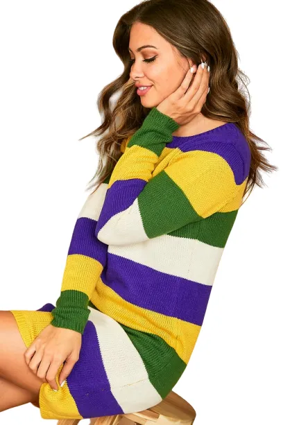 Mardi Gras Color Striped Knit Dress