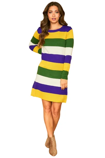 Mardi Gras Color Striped Knit Dress