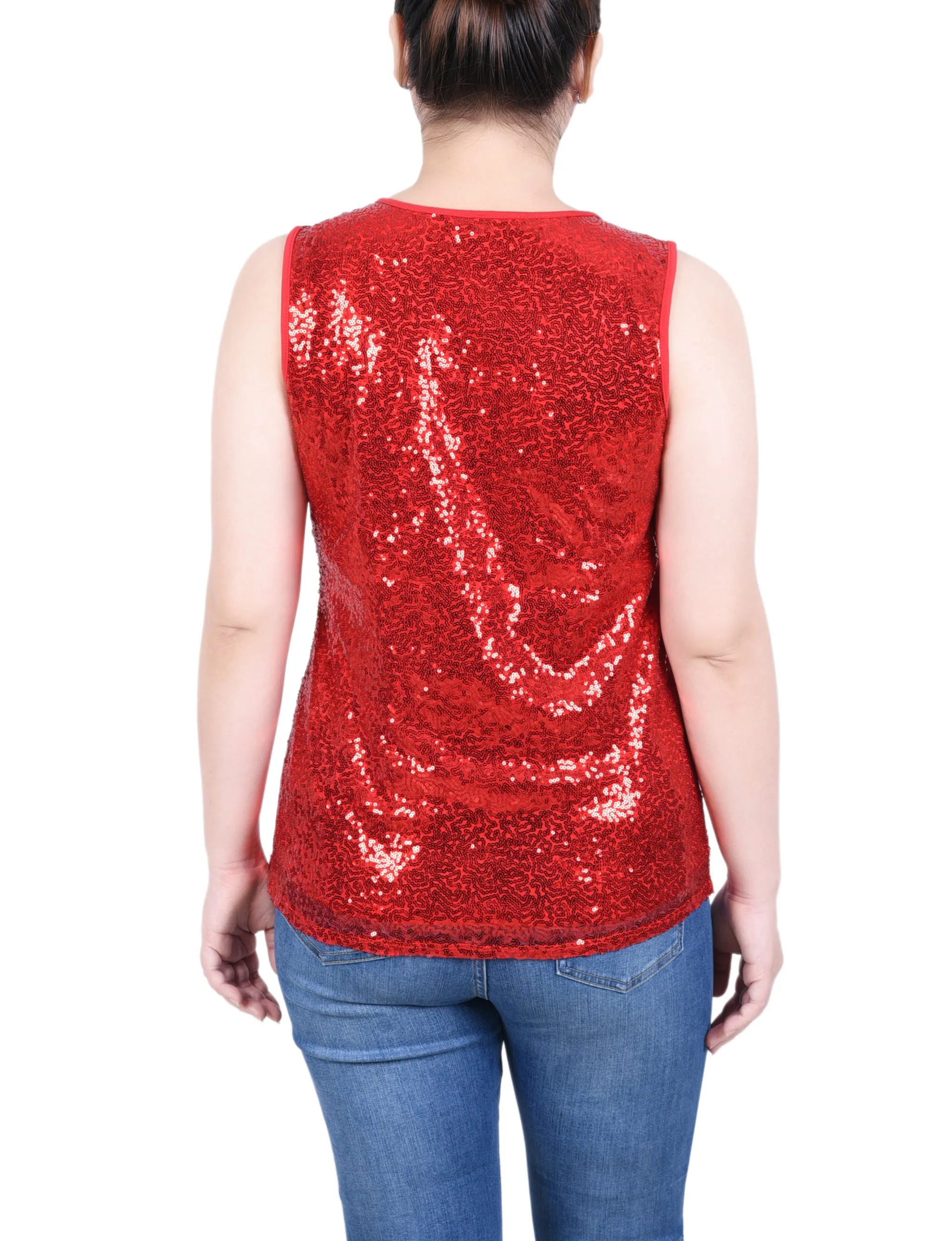 Petite Sleeveless Sequined Tank Top With Combo Banding