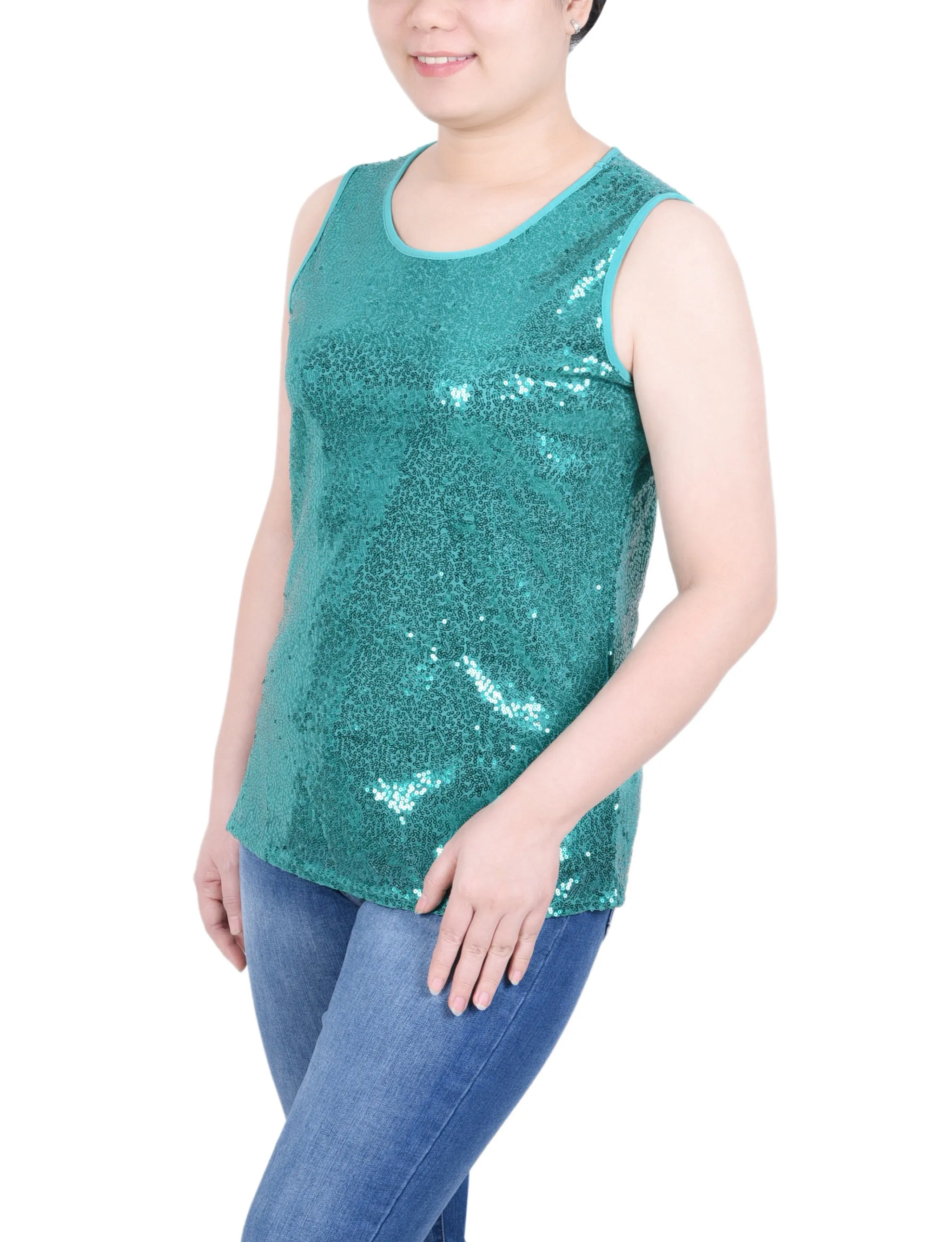 Petite Sleeveless Sequined Tank Top With Combo Banding