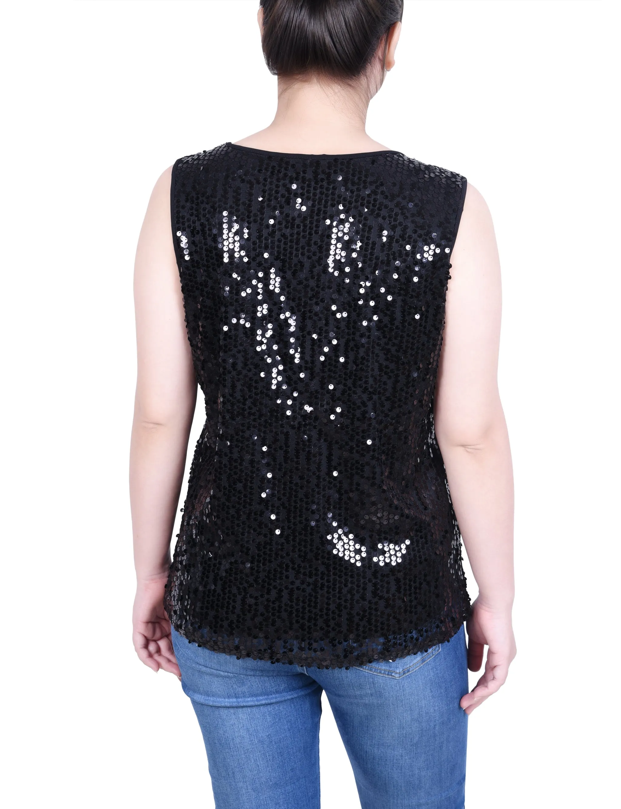 Petite Sleeveless Sequined Tank Top With Combo Banding