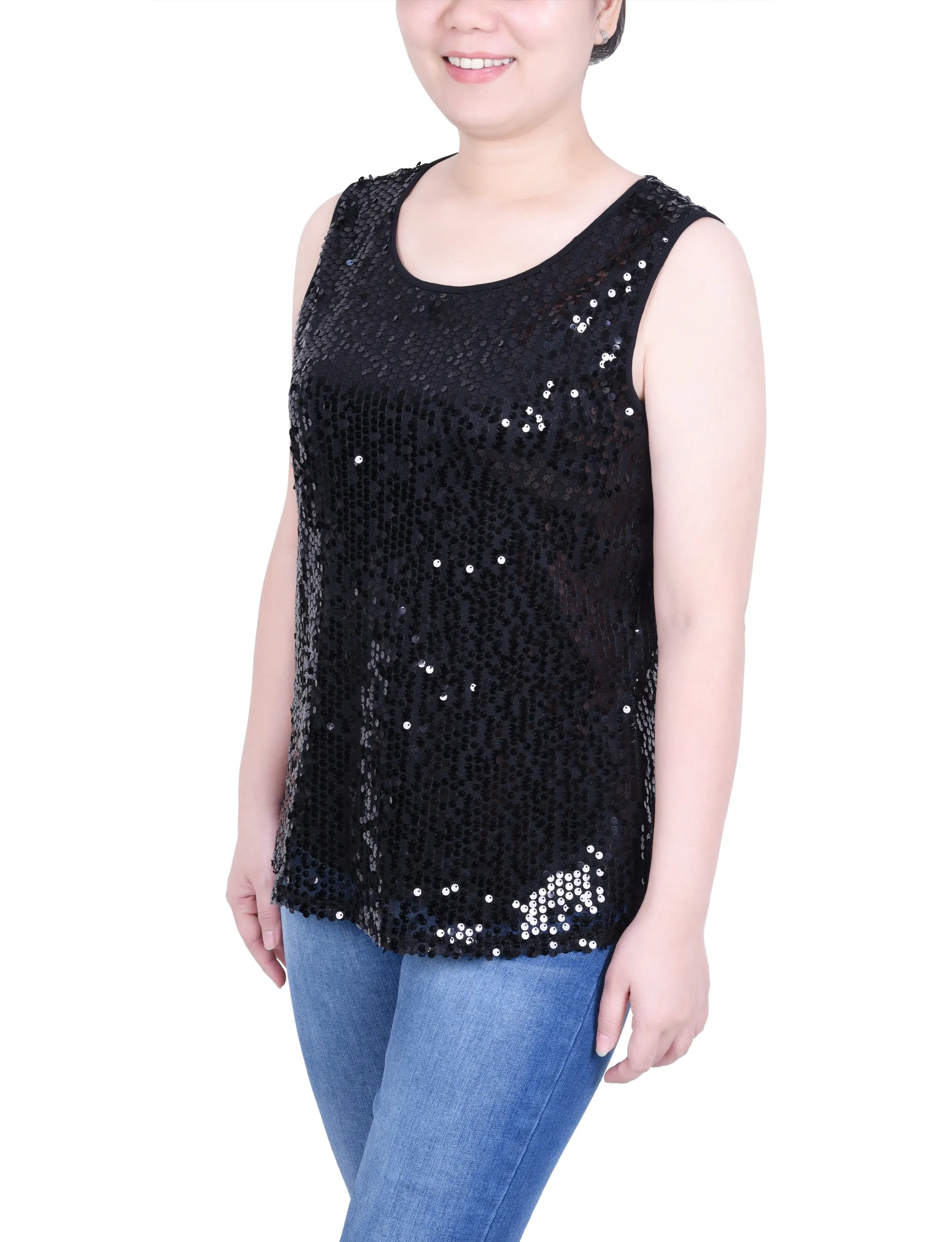 Petite Sleeveless Sequined Tank Top With Combo Banding