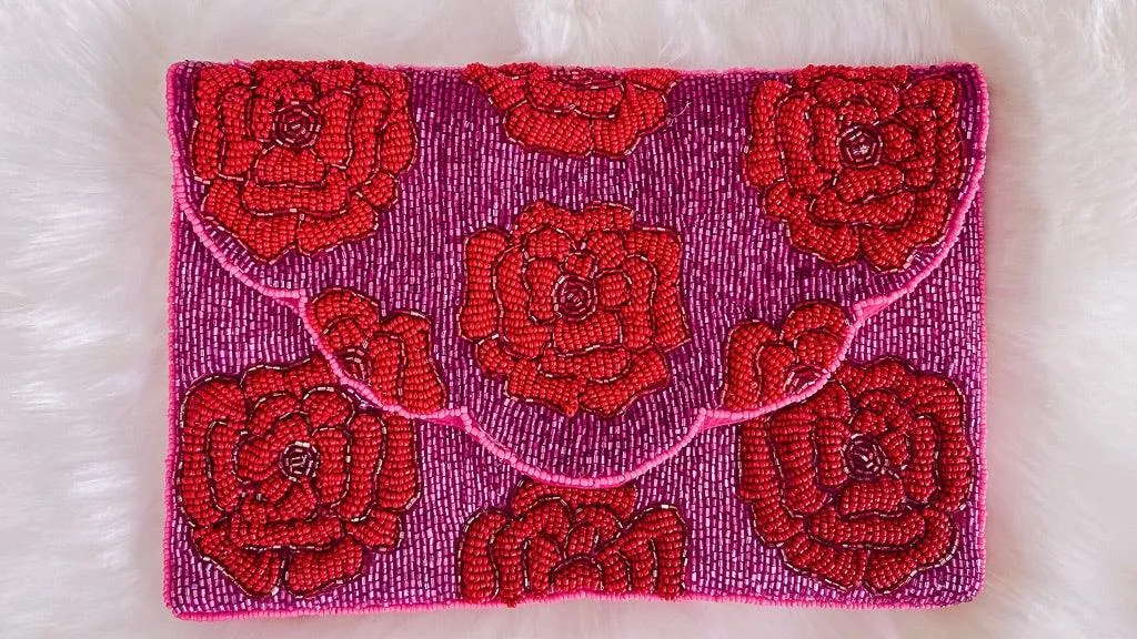 Red Roses On Pink Beaded Clutch