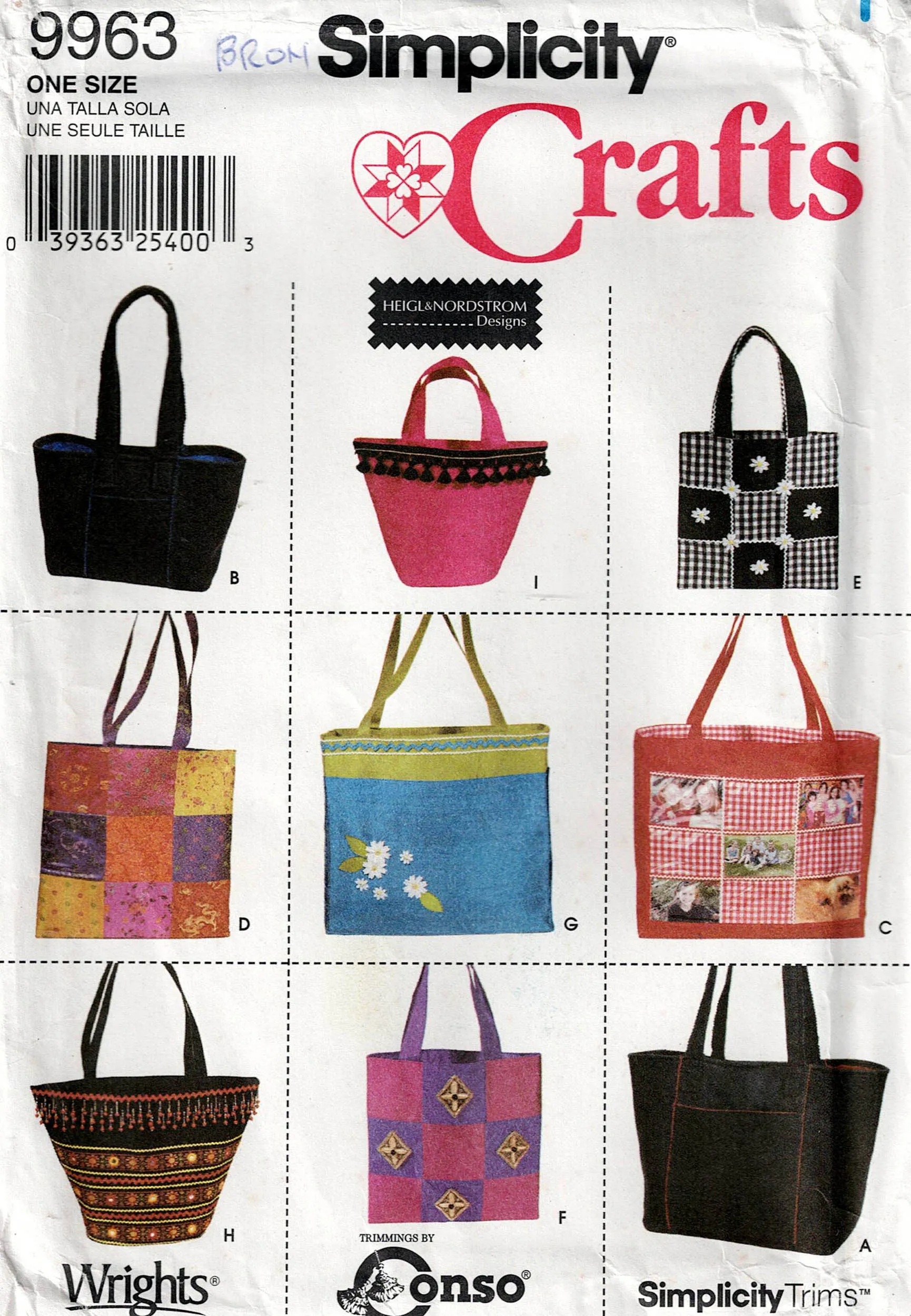 Simplicity 9963 Womens HEIGL & NORDSTROM Tote Bags & Purses Out Of Print Sewing Pattern UNCUT Factory Folded