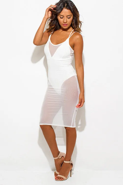 THE MYSTYLEMODE WHITE BODYSUIT CROSS BACK SHEER MESH MIDI DRESS