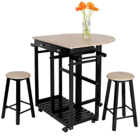 ZENY™ 3-Piece Rolling Kitchen Island Trolley Cart Set Breakfast Bar Cart Drop-Leaf Folding Table